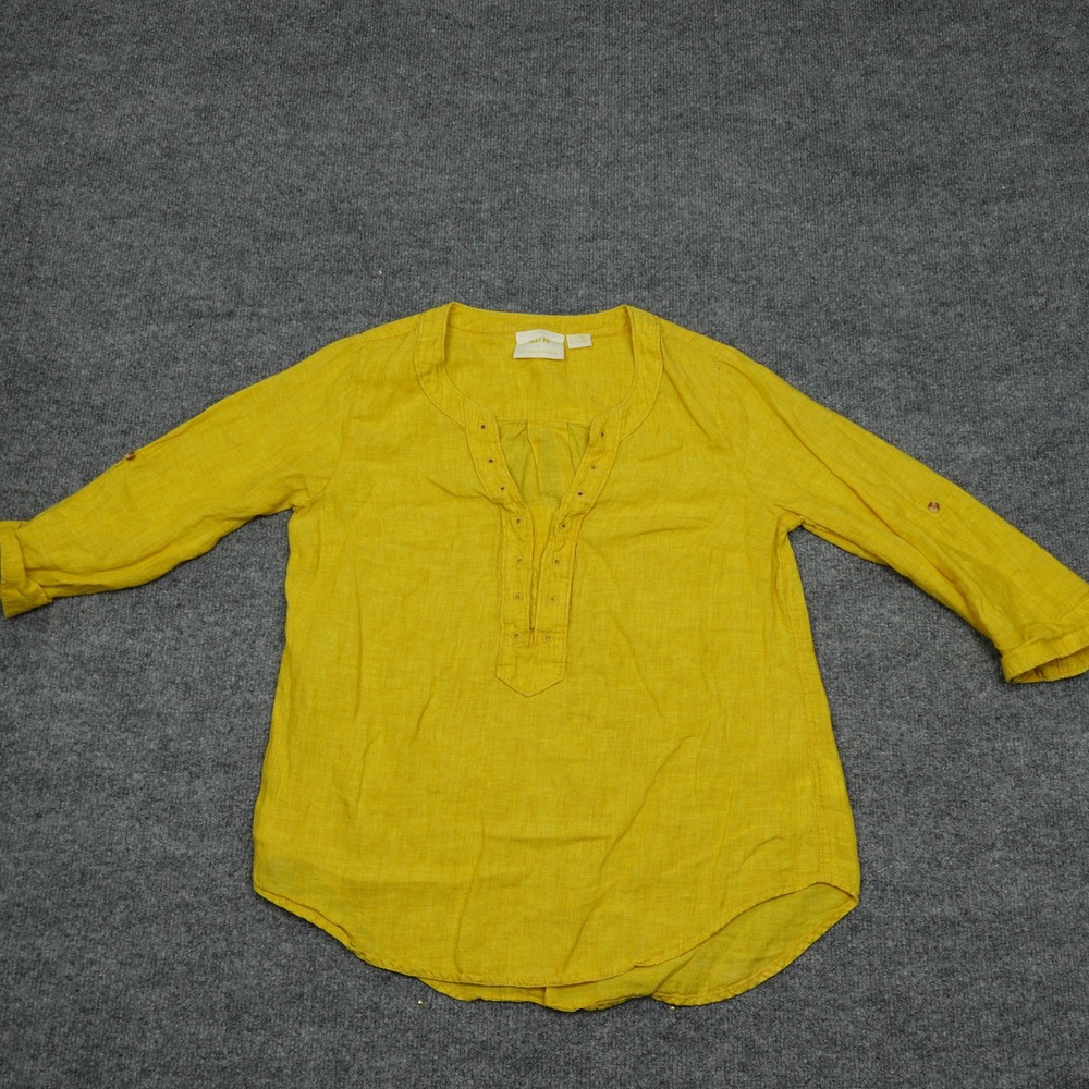 Maeve by Anthropologie Shirt Womens 0 Yellow Linen Henley Roll Tab Top